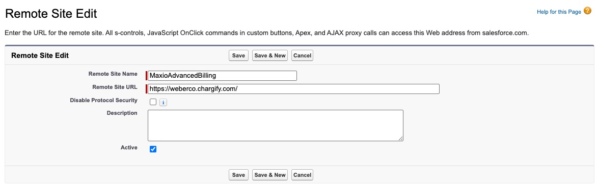 the Remote Site Edit form, with the site named MaxioAdvancedBilling and a Remote Site URL entered