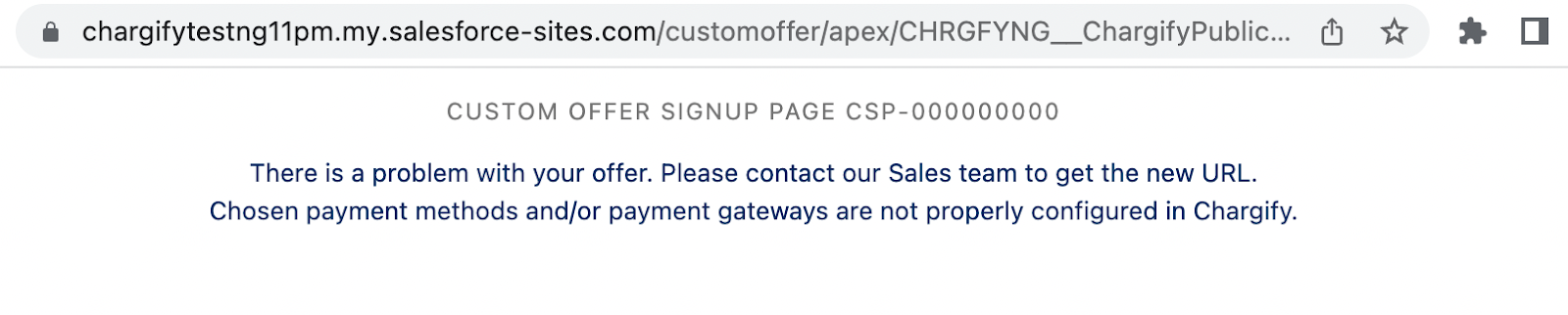 a Custom Offer Signup Page showing the error that its payment methods or gateways are not configured