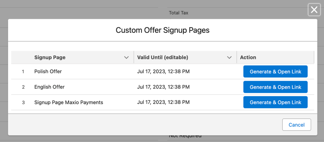 the Custom Offer Signup Pages popup, listing each template with its valid-until date and a Generate and Open Link button
