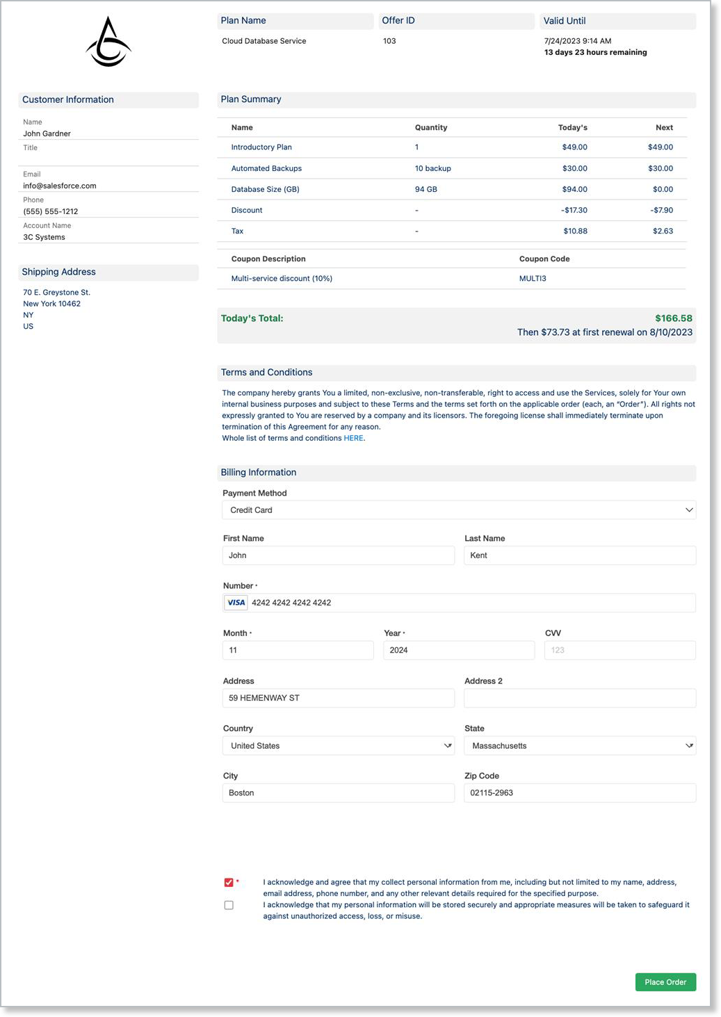 the generated offer signup form the customer receives, with the plan summary, terms and payment fields