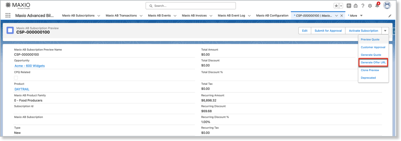 an Opportunity's Subscription Preview with the offer link action outlined