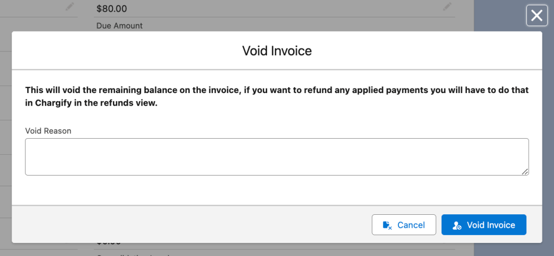 the Void Invoice dialog, warning that applied payments must be refunded separately, with a Void Reason field