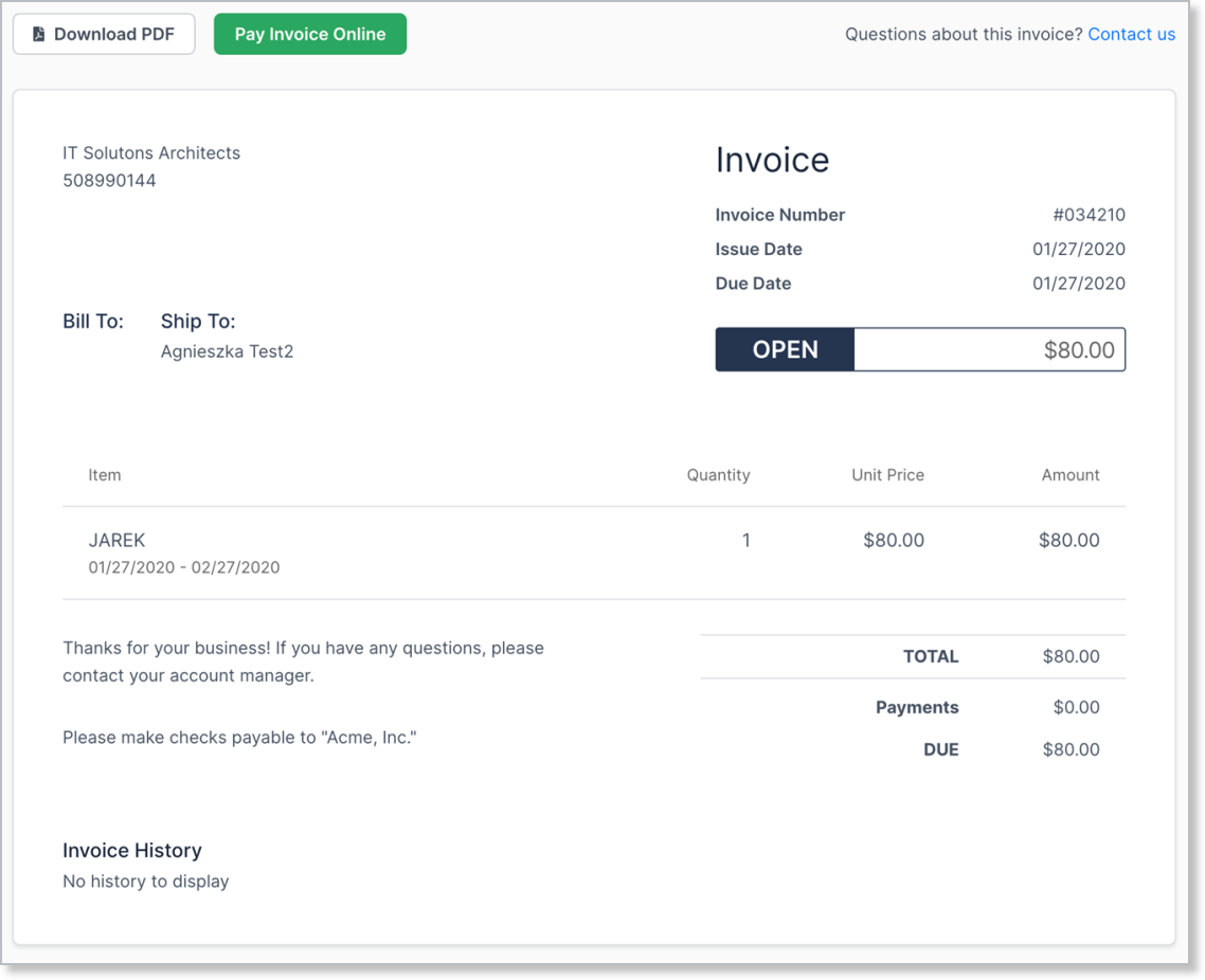 the public invoice page a customer sees, showing an open $80.00 balance with Download PDF and Pay Invoice Online