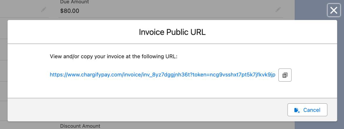 the Invoice Public URL dialog with a shareable payment link and a copy button