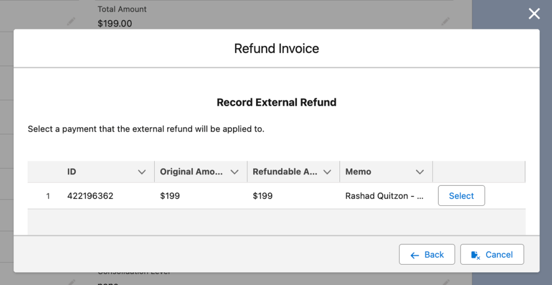 the external refund picker, listing the payment that the external refund will be applied to