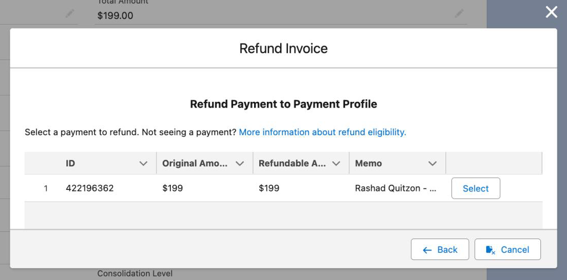the refund payment picker, listing each payment with its original and refundable amounts