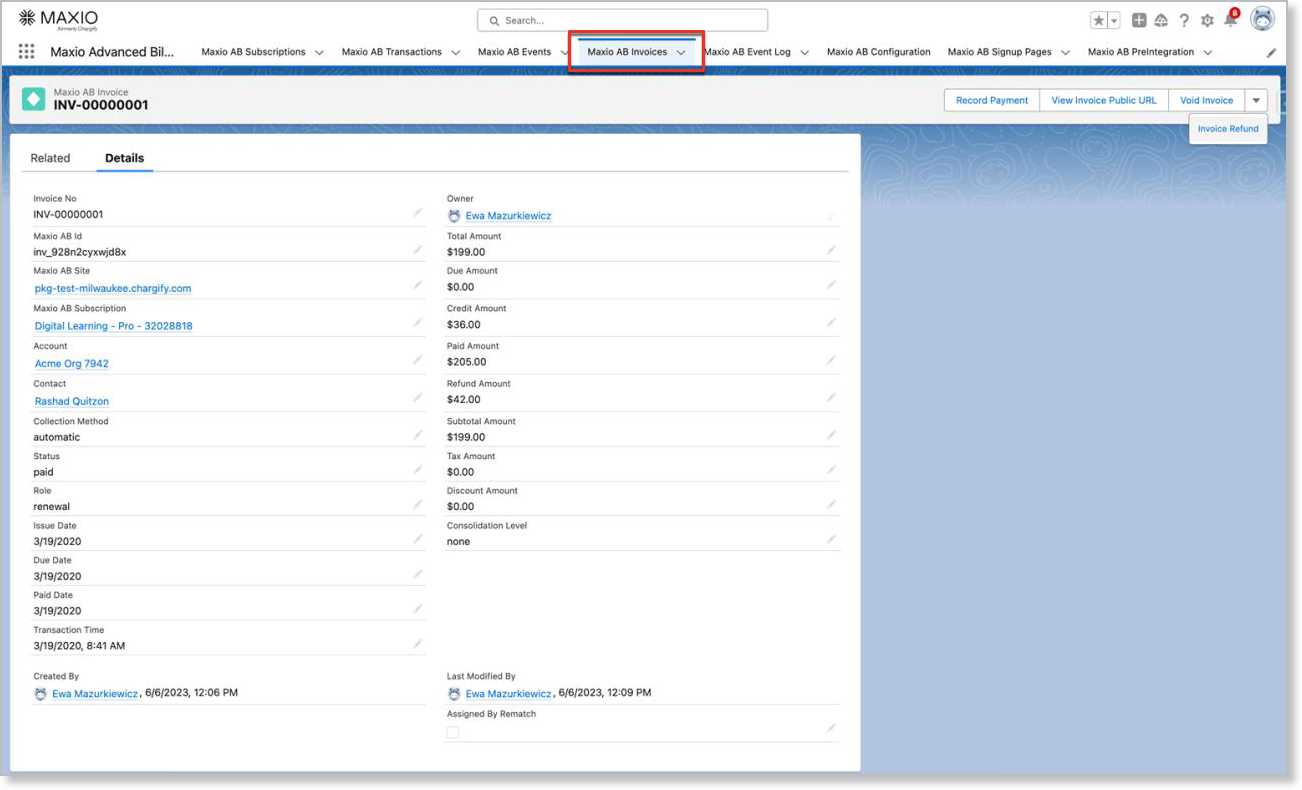 an open Maxio AB Invoice record with Record Payment, View Invoice Public URL and Void Invoice in its button bar