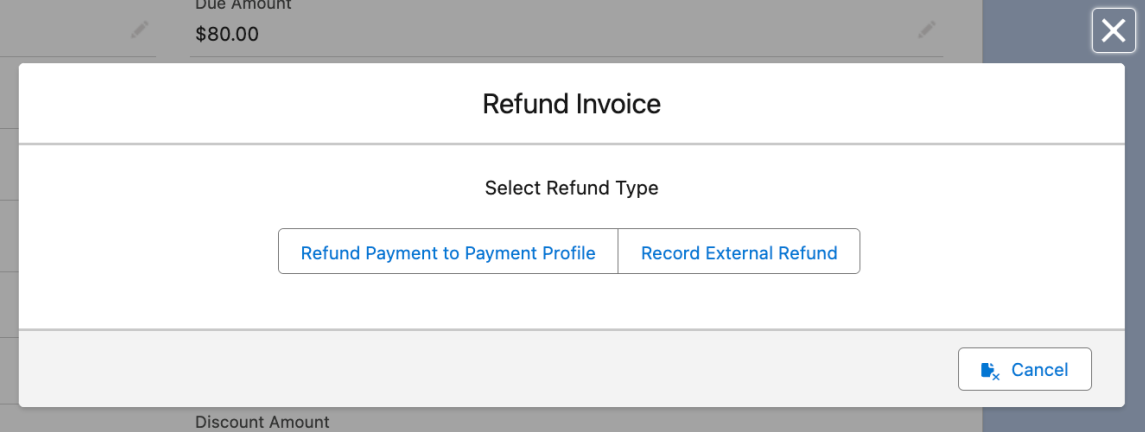 the Refund Invoice dialog, choosing between refunding to the payment profile and recording an external refund
