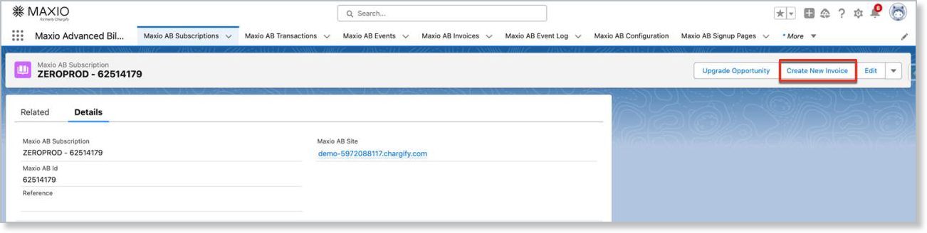 a Maxio AB Subscription record with Create New Invoice outlined in its button bar