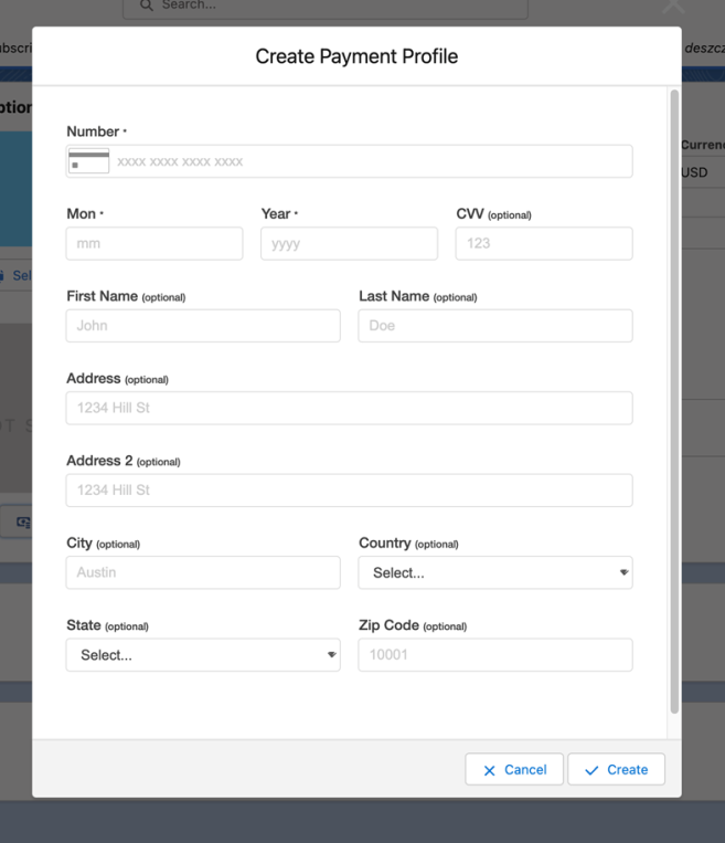 the Create Payment Profile dialog with card number, expiry, CVV and billing address fields