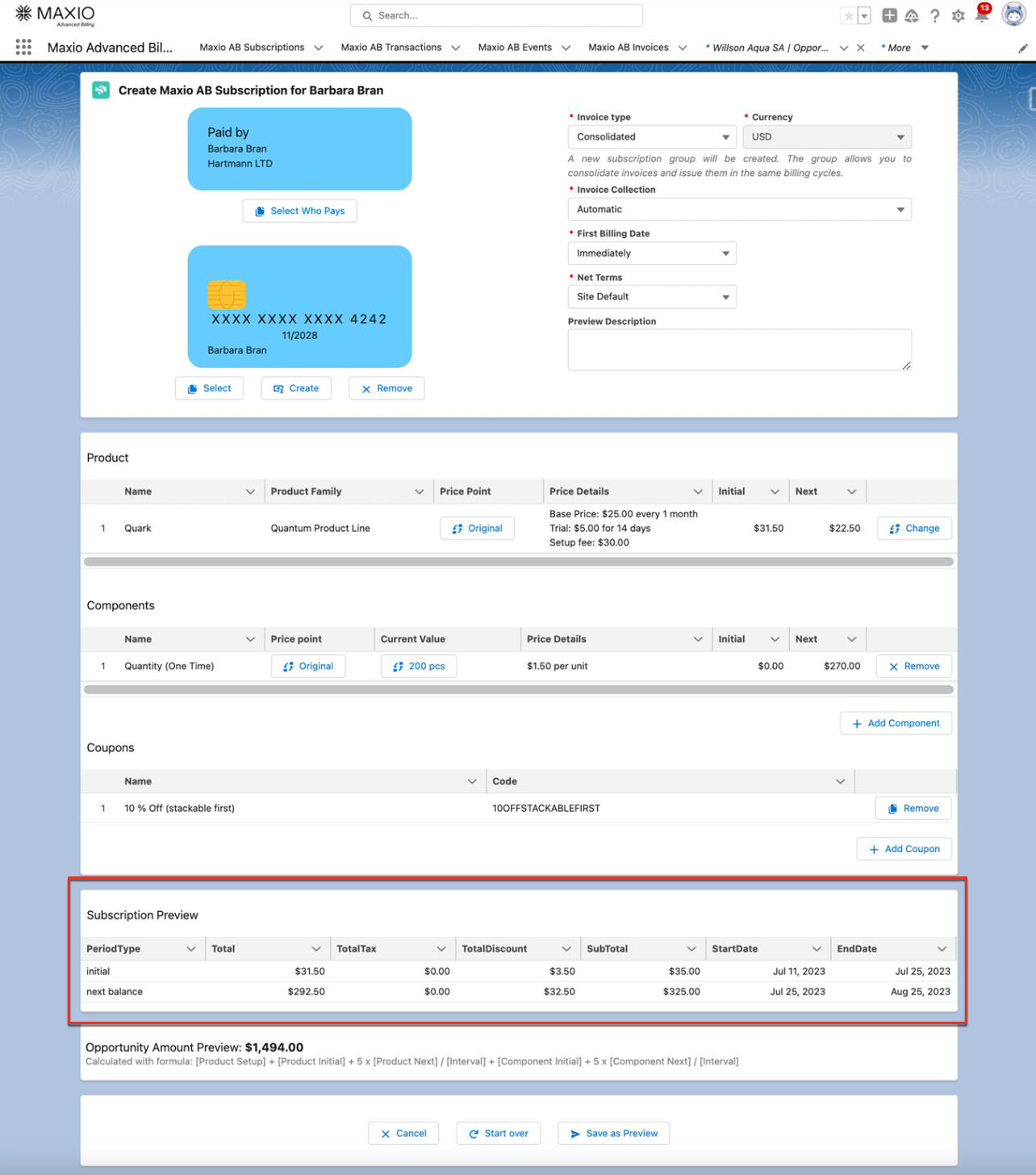 the Create Subscription wizard with the Subscription Preview rows outlined, listing each period's totals