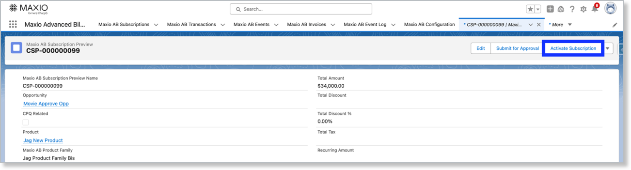 an open Subscription Preview record with the activate action outlined at top right