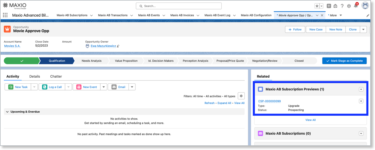an Opportunity's Maxio AB Subscription Previews related list, outlined, holding one preview