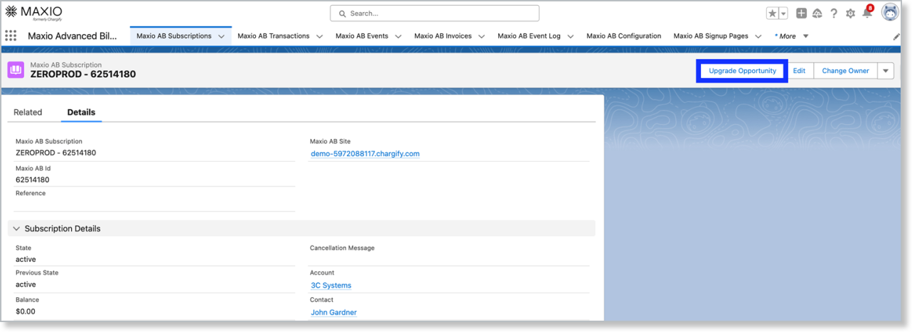 a Salesforce Subscription record with Upgrade Opportunity outlined in the button bar