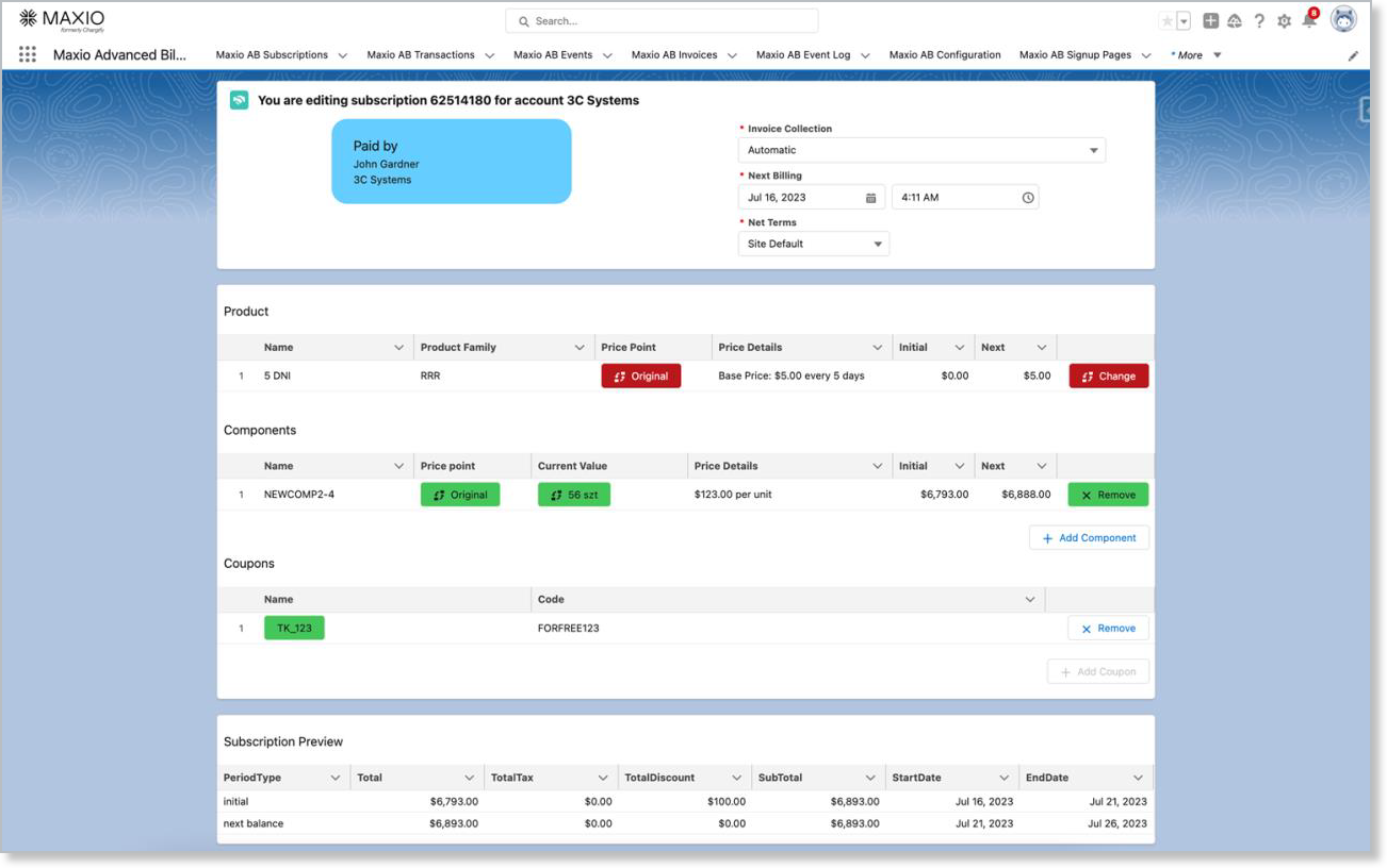 the Upgrade Opportunity wizard, with panels for payment profile, Product, components, coupons and a subscription preview