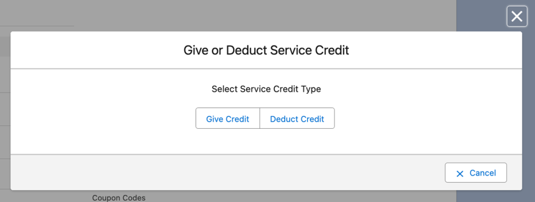 the Give or Deduct Service Credit dialog asking which credit type to apply