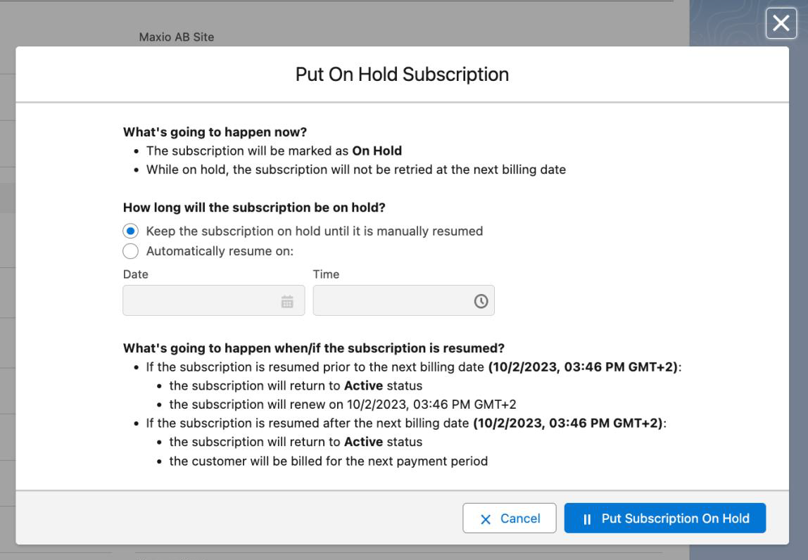 the Put On Hold Subscription dialog, offering a hold until manually resumed or an automatic resume date