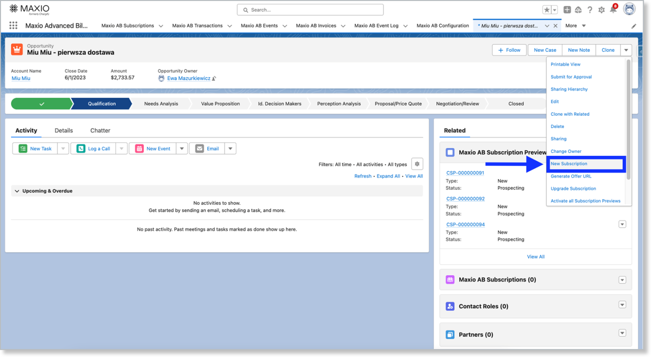 a Salesforce Opportunity with its action dropdown open on New Maxio AB Subscription Preview