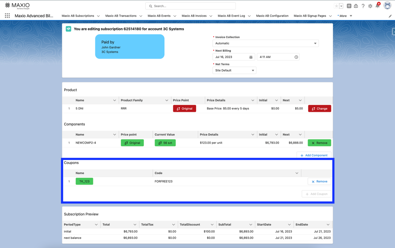 the Subscription Wizard with the Coupons panel outlined below the components list