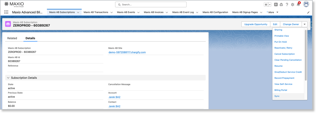 a Salesforce Subscription record with the Subscription Actions menu open down the right side