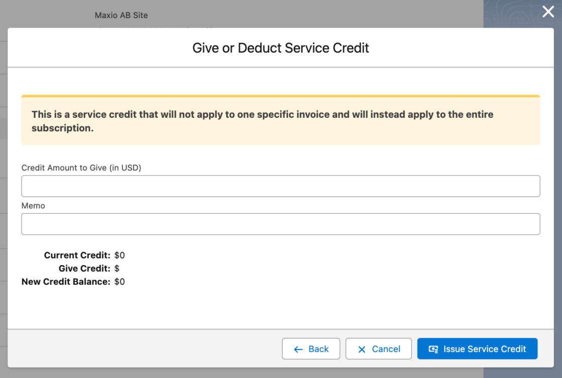 the service credit amount screen with a credit amount field, a memo box and the resulting new credit balance