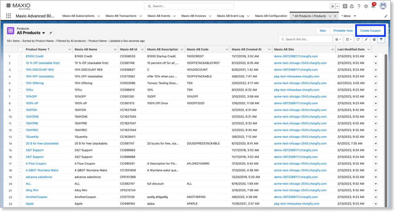 the Products tab with Create Coupon outlined above the product list