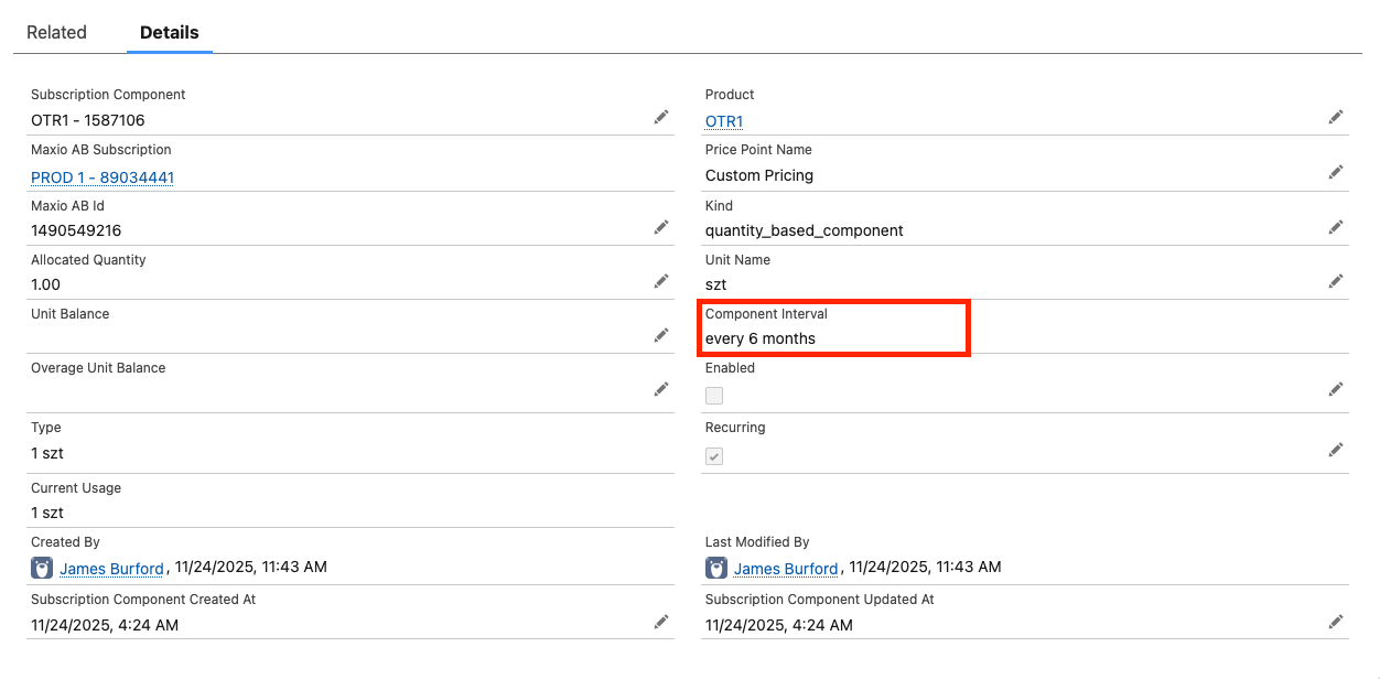 a Salesforce subscription component record with its component interval outlined