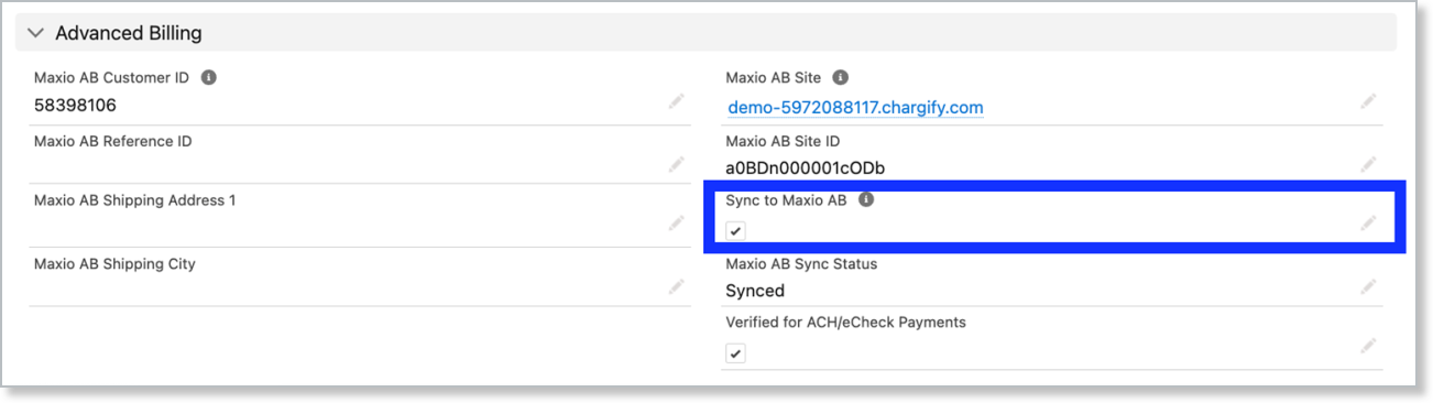 the Advanced Billing section of an Account record, with the Sync to Maxio AB setting outlined