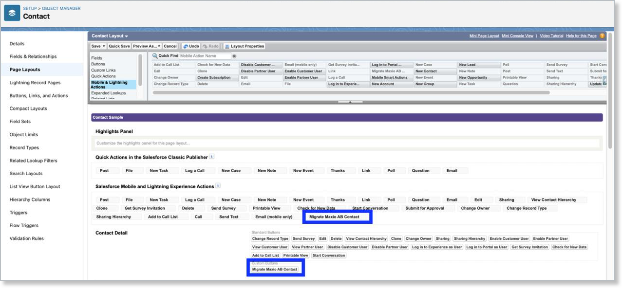 the Contact page layout editor with the Migrate Maxio AB Contact action placed in Custom Buttons