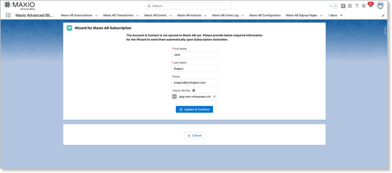 the Subscription Wizard opened from a Salesforce Account, ready to create an Advanced Billing Customer