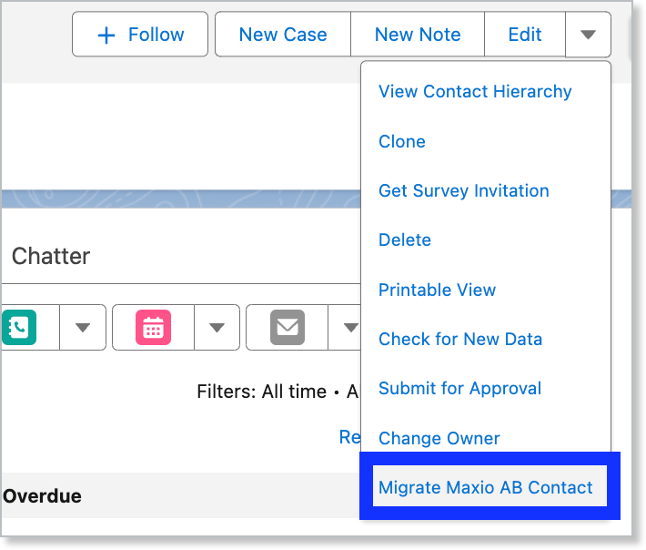 a Contact's action dropdown with Migrate Maxio AB Contact outlined