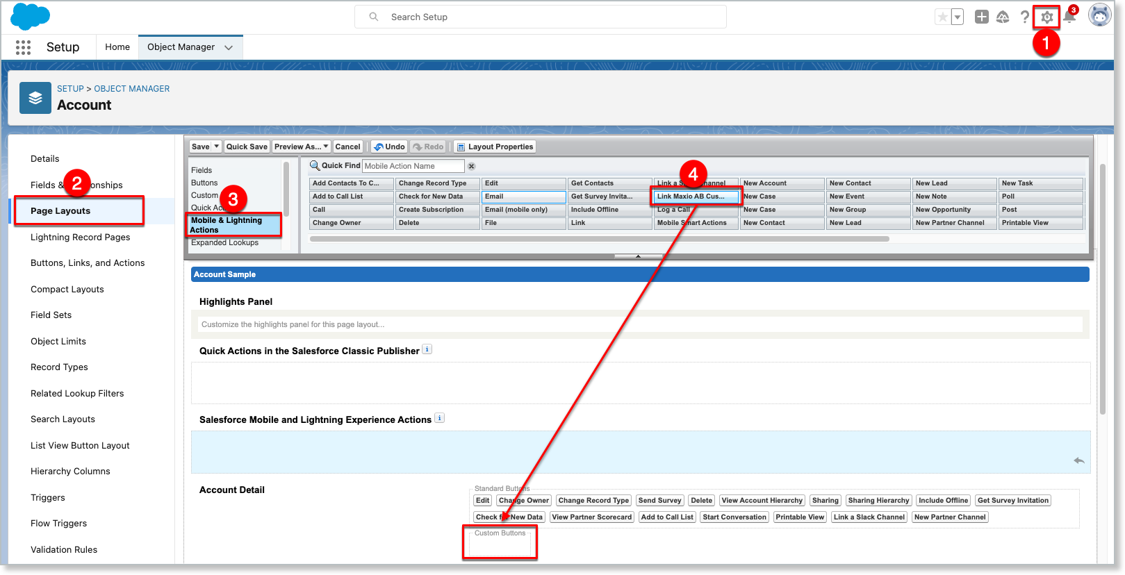 the Account page layout editor with an arrow tracing the Link Maxio AB Customer action into the Custom Buttons group