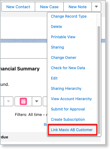 an Account's action dropdown with Link Maxio AB Customer outlined at the foot of the list