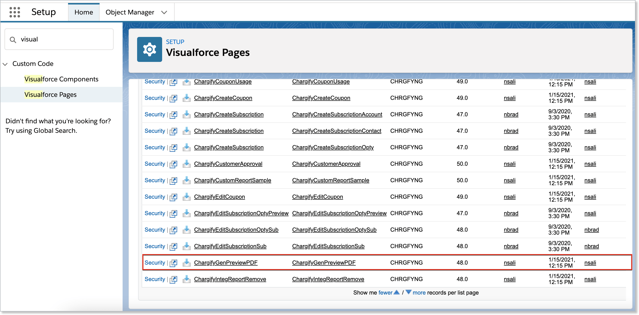 the Salesforce Visualforce Pages list, where the quote PDF's design can be customized
