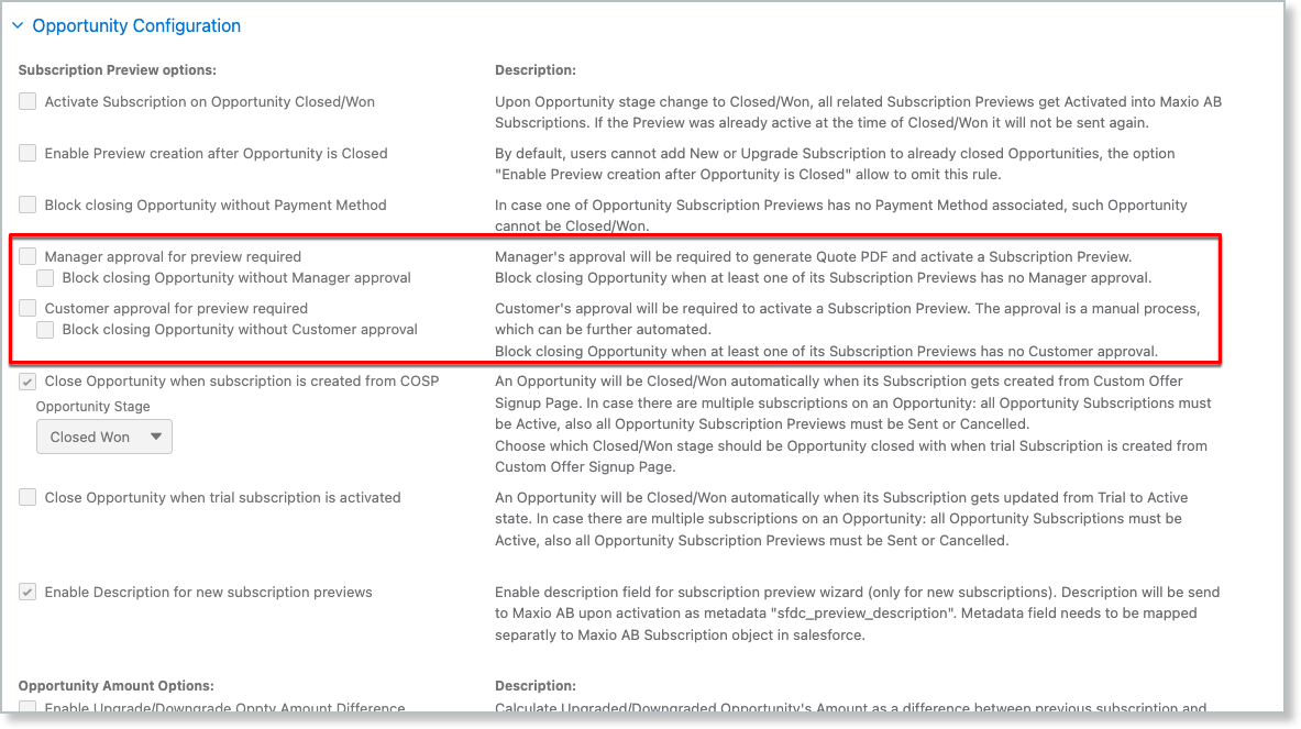 the Opportunity Configuration settings, with the manager and customer approval options outlined