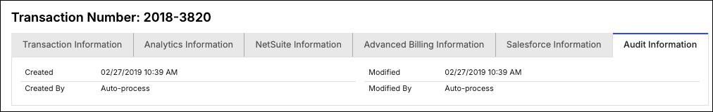 a transaction's Audit Information tab, recording Auto-process as what created the record