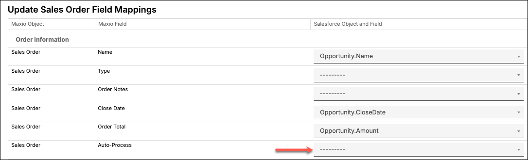 the Update Sales Order Field Mappings screen, pairing Maxio Platform fields with Opportunity fields