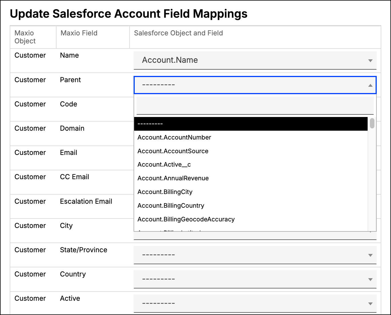 the Account field mappings with a Salesforce field dropdown open, listing the standard and custom Account fields
