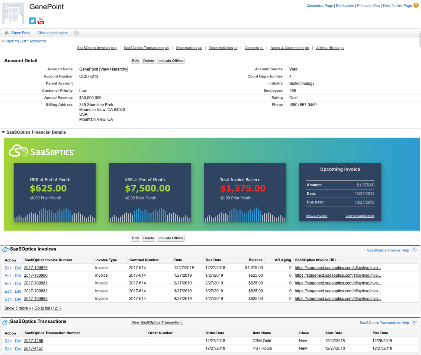 a saved Account page showing the analytics panel's revenue tiles above the synced invoice and transaction lists