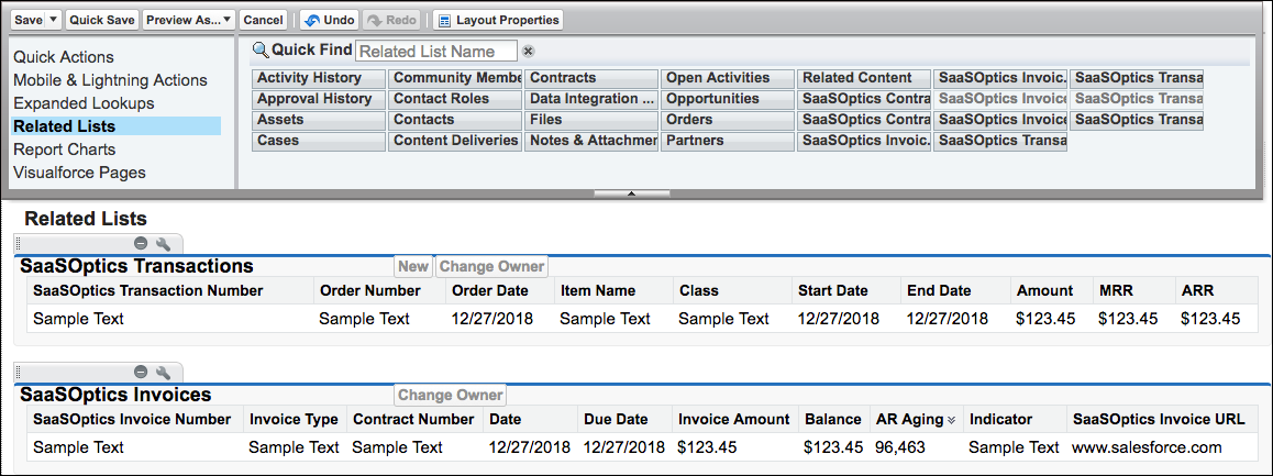 an Account page layout with the Maxio Platform transaction and invoice related lists added
