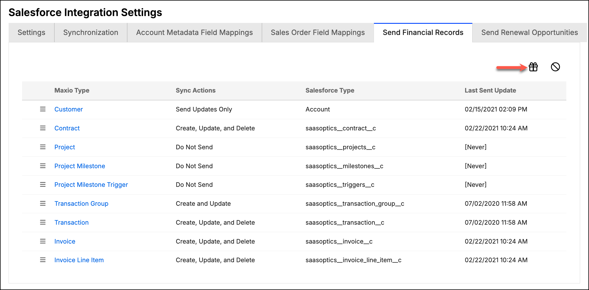 the Send Financial Records tab, listing each Maxio record type with its sync actions and Salesforce counterpart