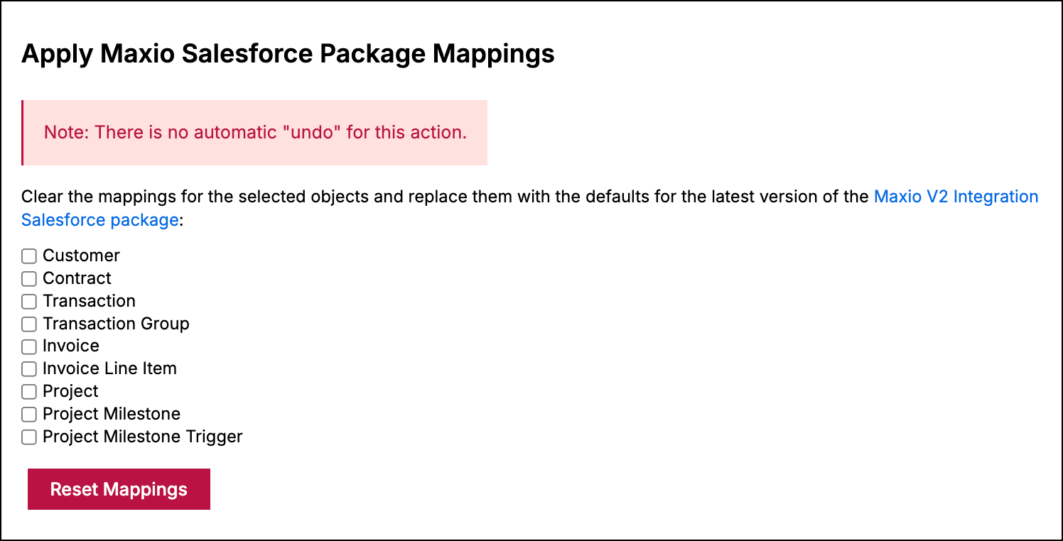 the Apply Maxio Salesforce Package Mappings screen, warning there is no undo, with a checkbox per record class