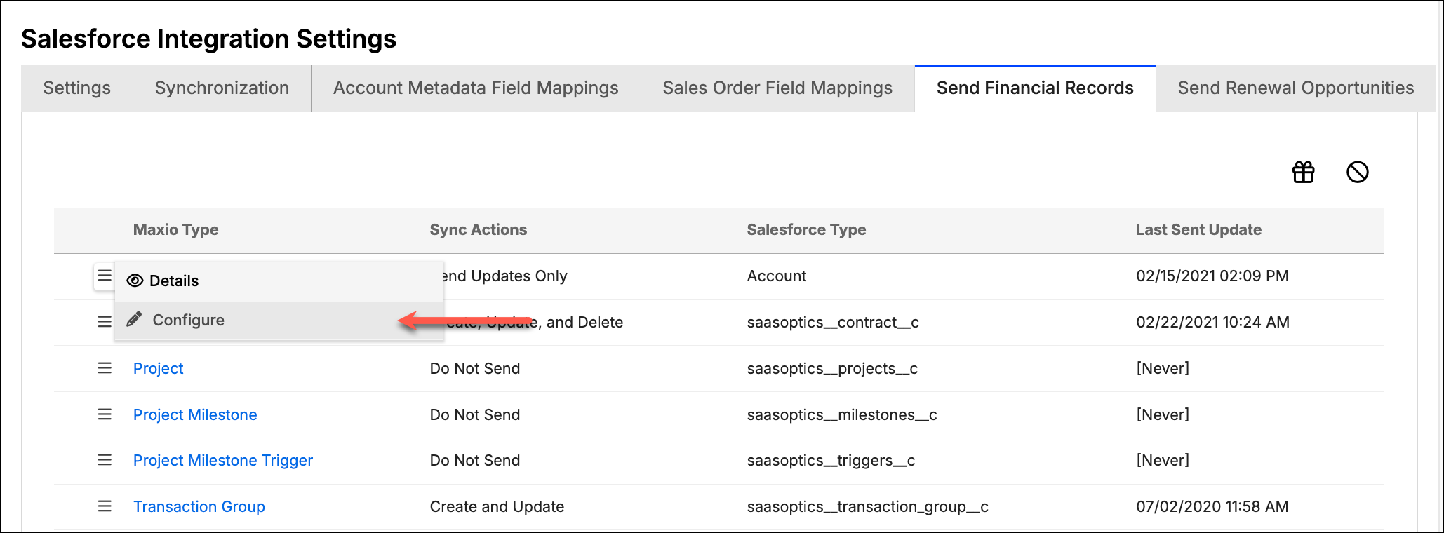 the Send Financial Records tab with a record class's action menu open on Configure