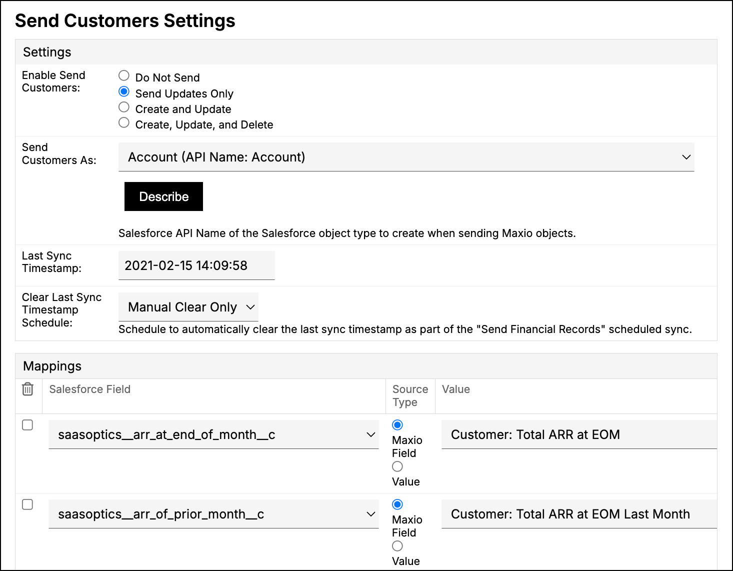 the Send Customers settings, choosing which operations sync and which Salesforce object customers become