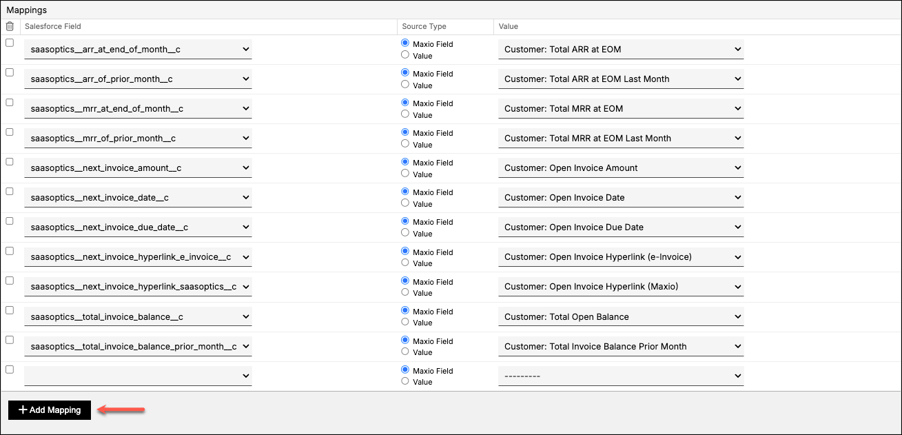 the custom field mapping table, pairing Salesforce API names with the Maxio Platform values they receive