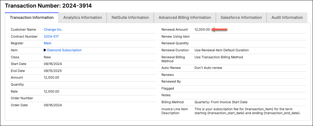 a transaction record showing the renewal amount a renewal rule would carry forward