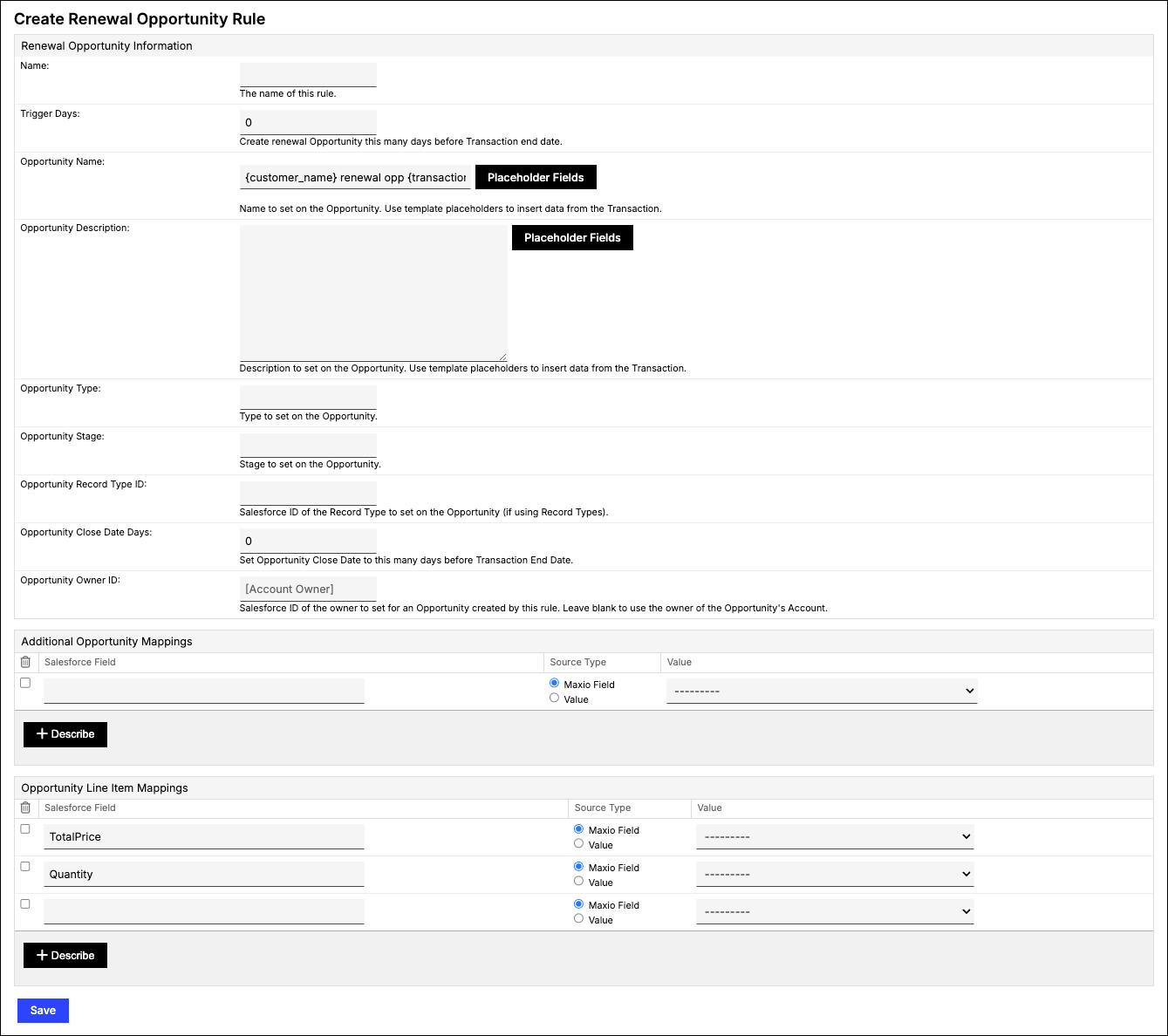 the renewal rule configuration screen, with the Renewal Opportunity Information options above the field mappings