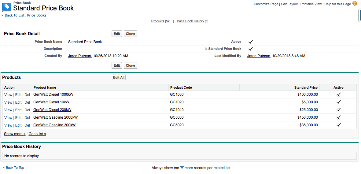 a Salesforce price book detail page listing the products it contains and their standard prices