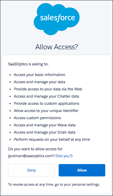 the Salesforce Allow Access consent screen, listing the permissions requested above Deny and Allow