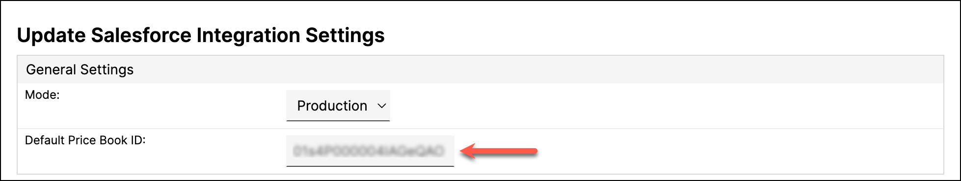 the Default Price Book ID field on the integration settings form, arrowed